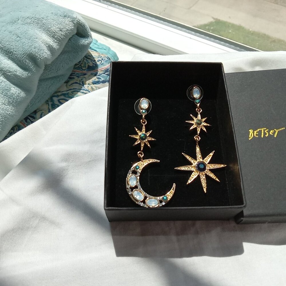 Betsey Johnson Gold Moon & Star Dangle Earrings with Blue-Green Stones - Picture 2 of 3